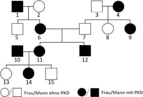 Stammbaum mit Kreisen und Quadraten; schwarze Symbole markieren Personen mit PKD.